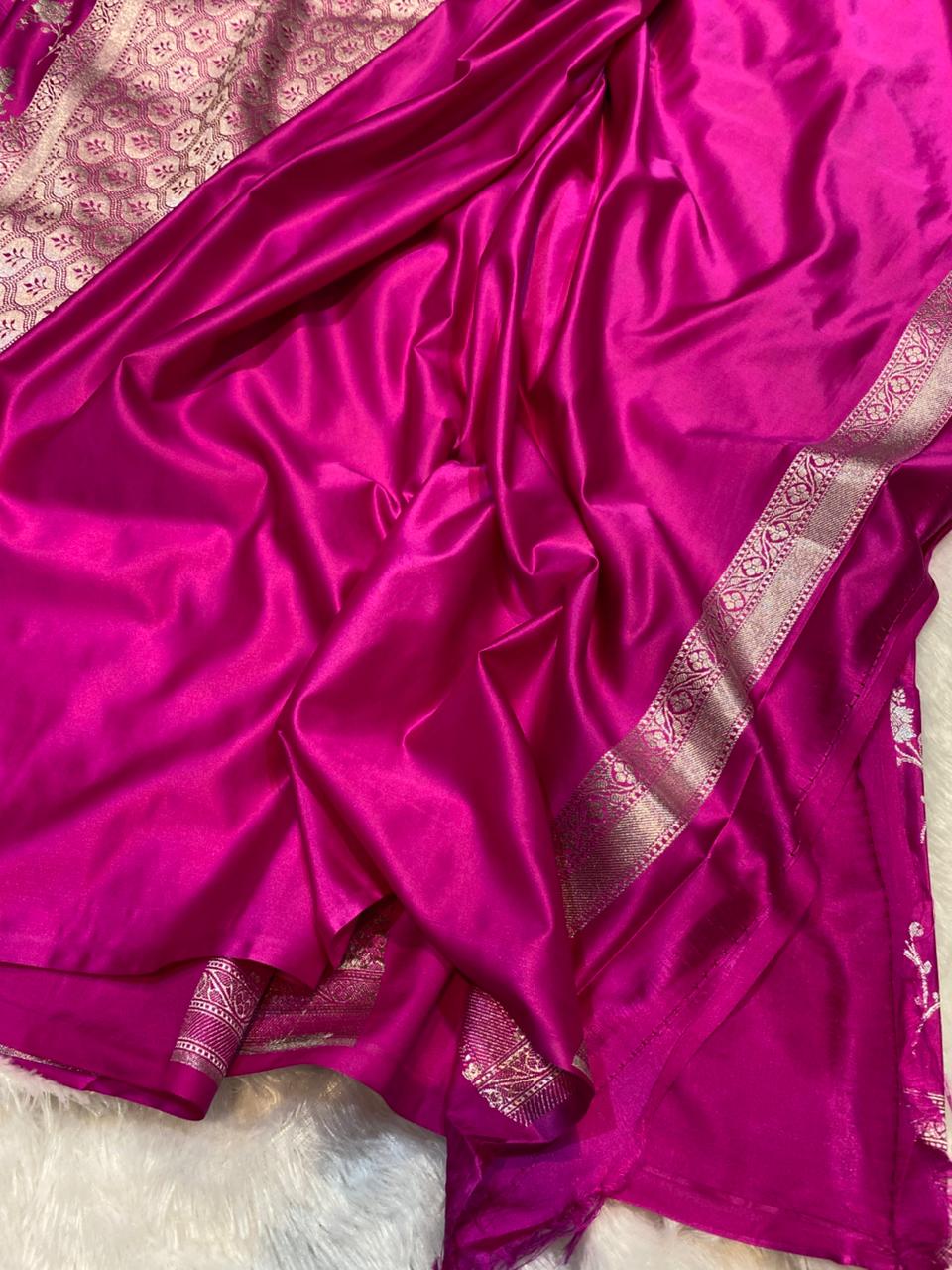 Mashru Silk Saree Rani Pink Sona Rupa Zari Buta Border