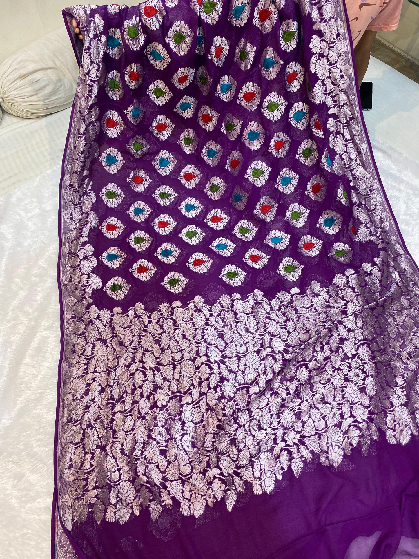 Pure Khaddi Georgette Tissue Saree With Velvet Weaving Voilet Color [*Color Customisable]