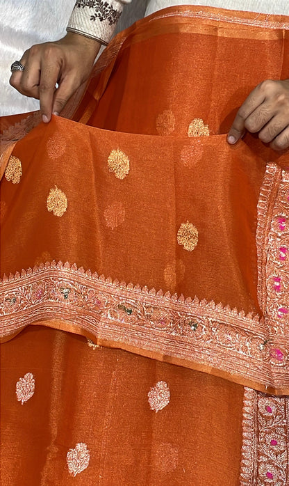100% Authentic & Luxurious Pure Banarasi Khaddi Chiffon Tissue Saree Rust Orange Colour