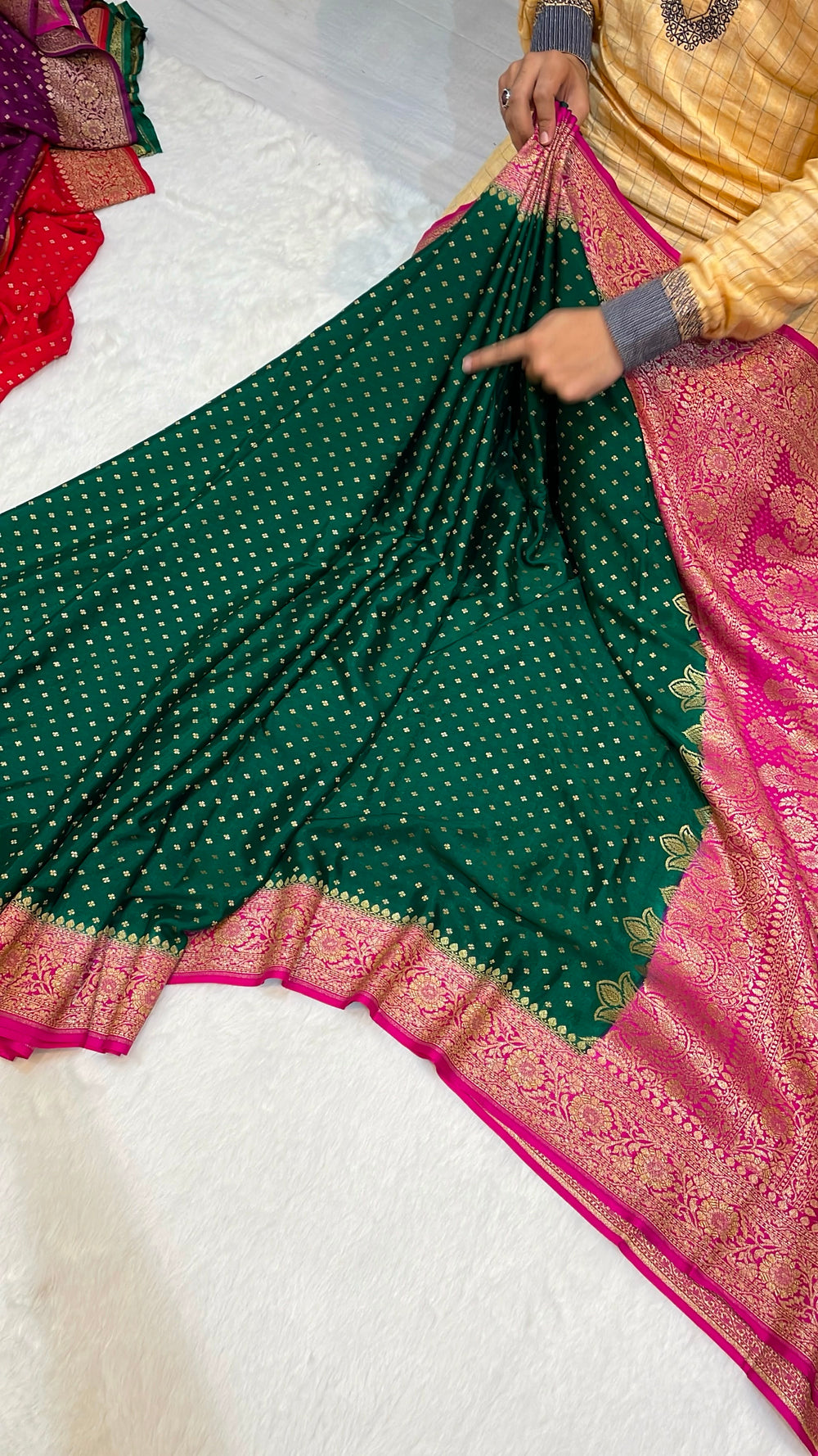 Pure Banarasi Khaddi Crape Silk Handloom Saree with Traditional Corners Green With Rani Color