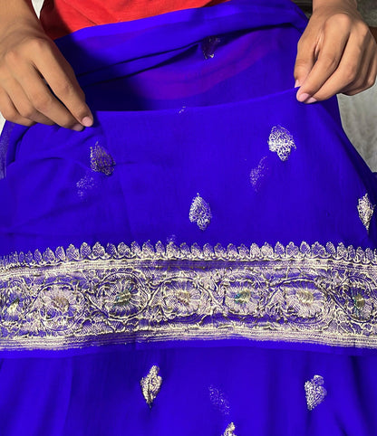 100% Authentic & Luxurious Pure Banarasi Khaddi Chiffon Georgette Saree Royal Blue Color