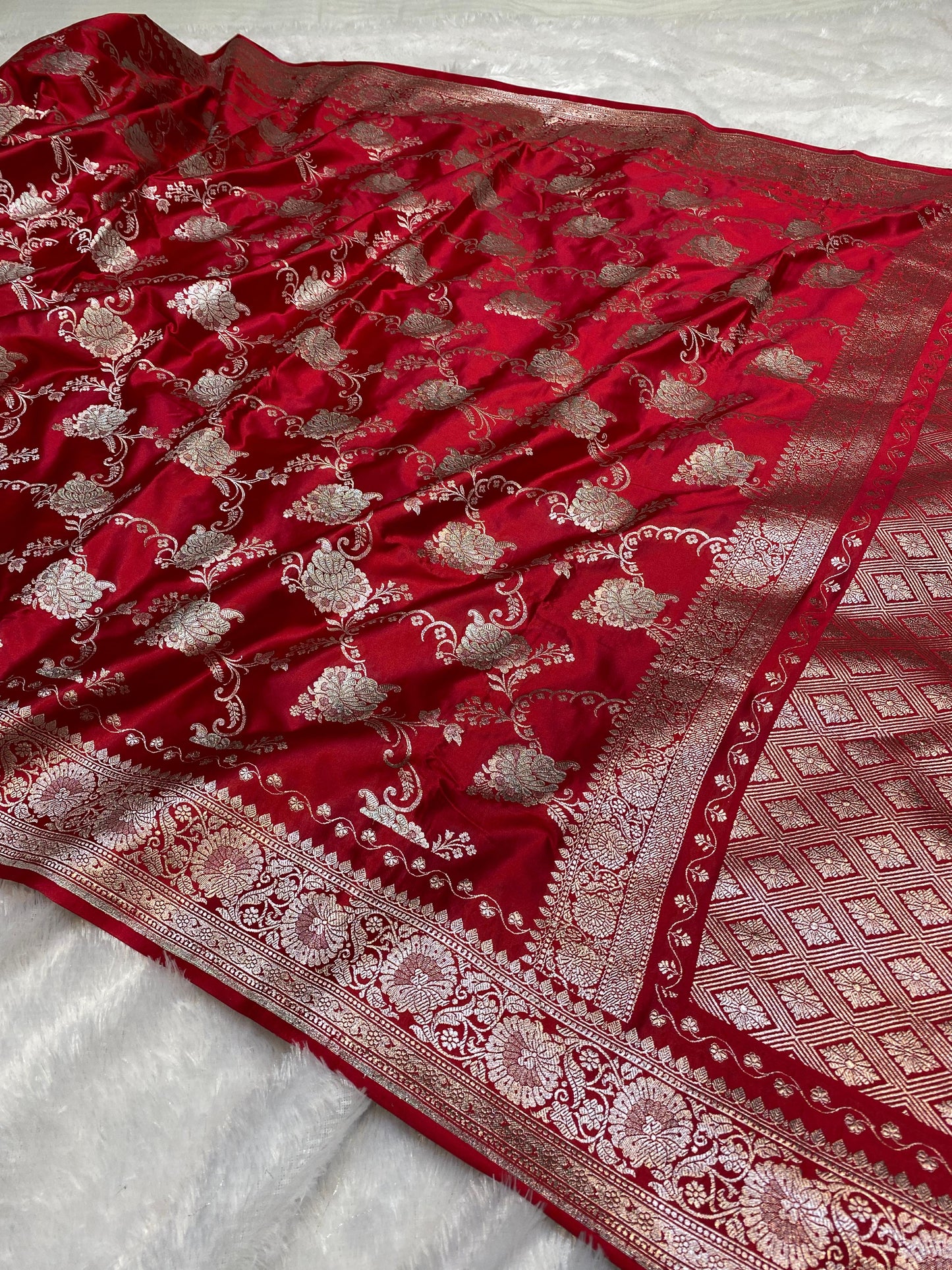 Mashru Silk Saree Imperial Red Color With Floral Border Sona Rupa Zari Mina Jaal Pattern  MSW45