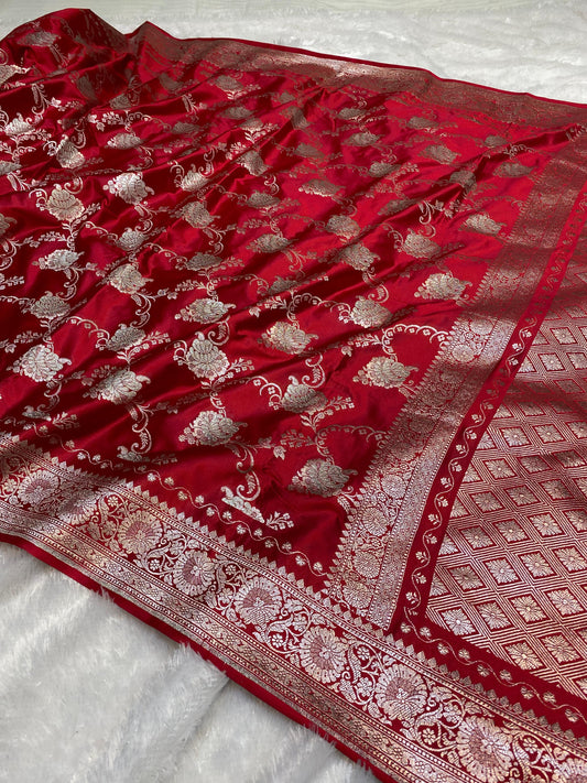 Mashru Silk Saree Imperial Red Color With Floral Border Sona Rupa Zari Mina Jaal Pattern  MSW45