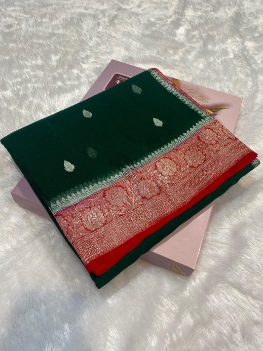 100% Pure Banarasi Khaddi Chiffon Silver Zari Kadwa Buti Handloom Saree Bottle Green with Red Colour