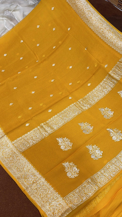 100% Pure Banarasi Khaddi Chiffon Silver Zari Kadwa Buti Handloom Saree Canary Yellow Colour