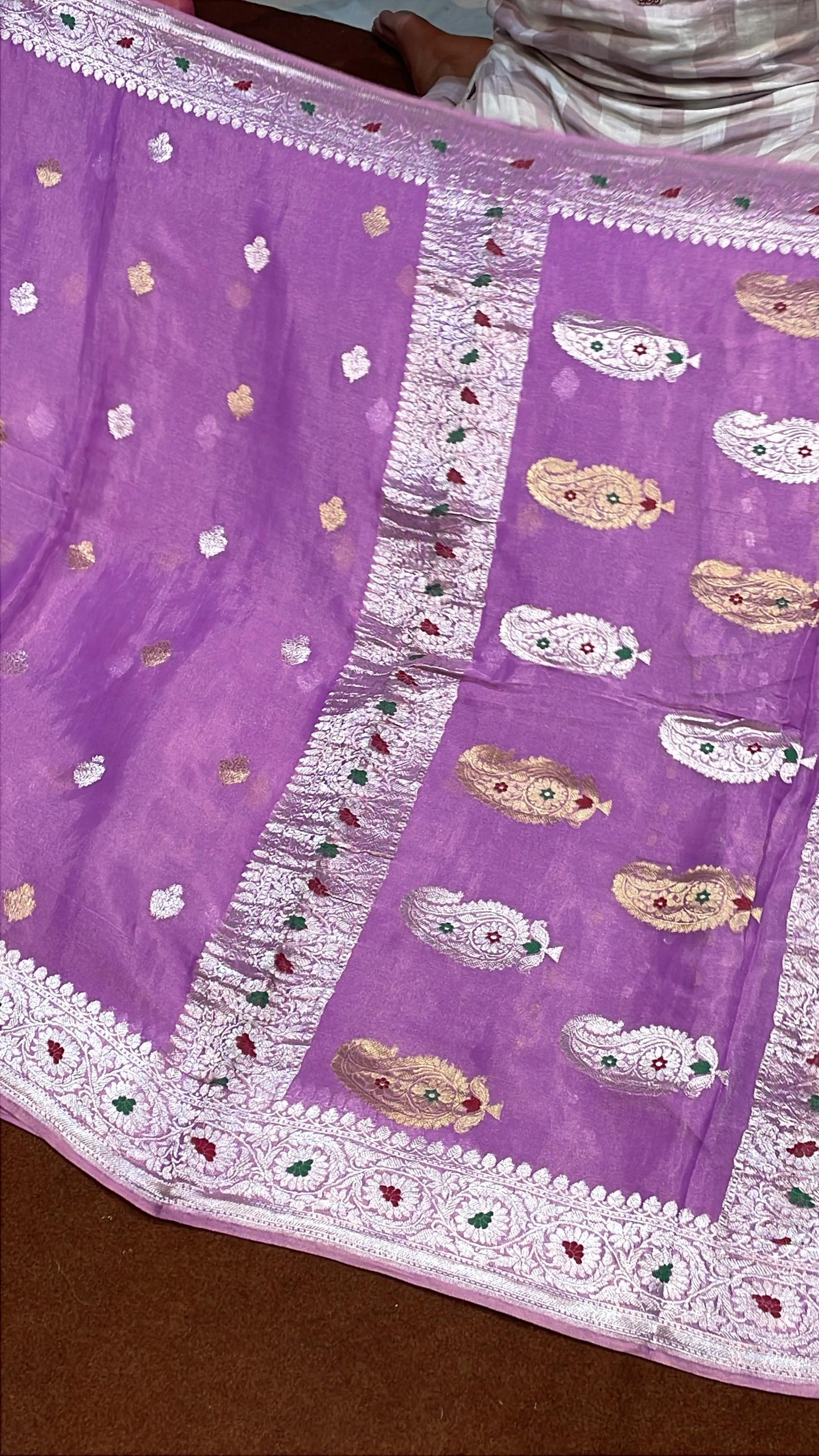 100% Authentic & Luxurious Pure Banarasi Khaddi Chiffon Tissue Saree Hue Lavender Colour