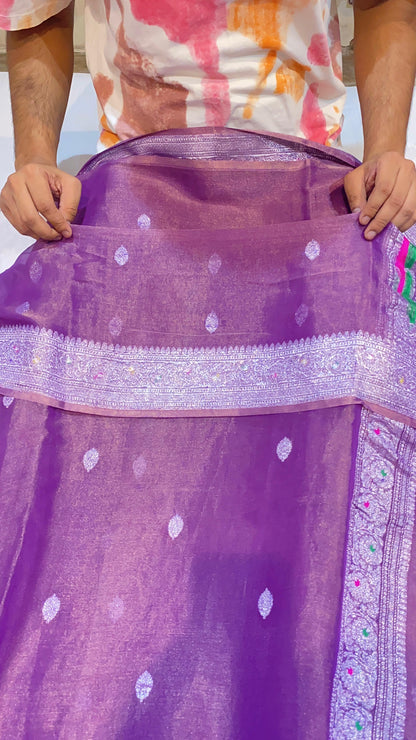 100% Authentic & Luxurious Pure Banarasi Khaddi Chiffon Tissue Saree Lavender Shade