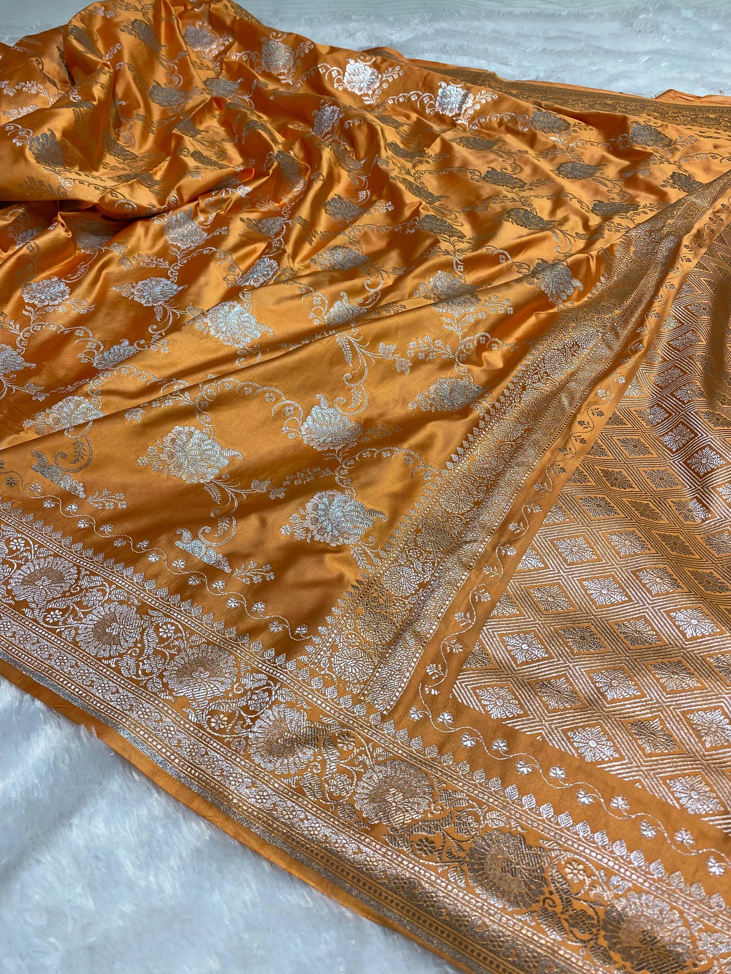 Mashru Silk Saree Saffron Orange Color With Floral Border Sona Rupa Zari Mina Jaal Pattern  MSW44