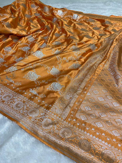 Mashru Silk Saree Saffron Orange Color With Floral Border Sona Rupa Zari Mina Jaal Pattern  MSW44