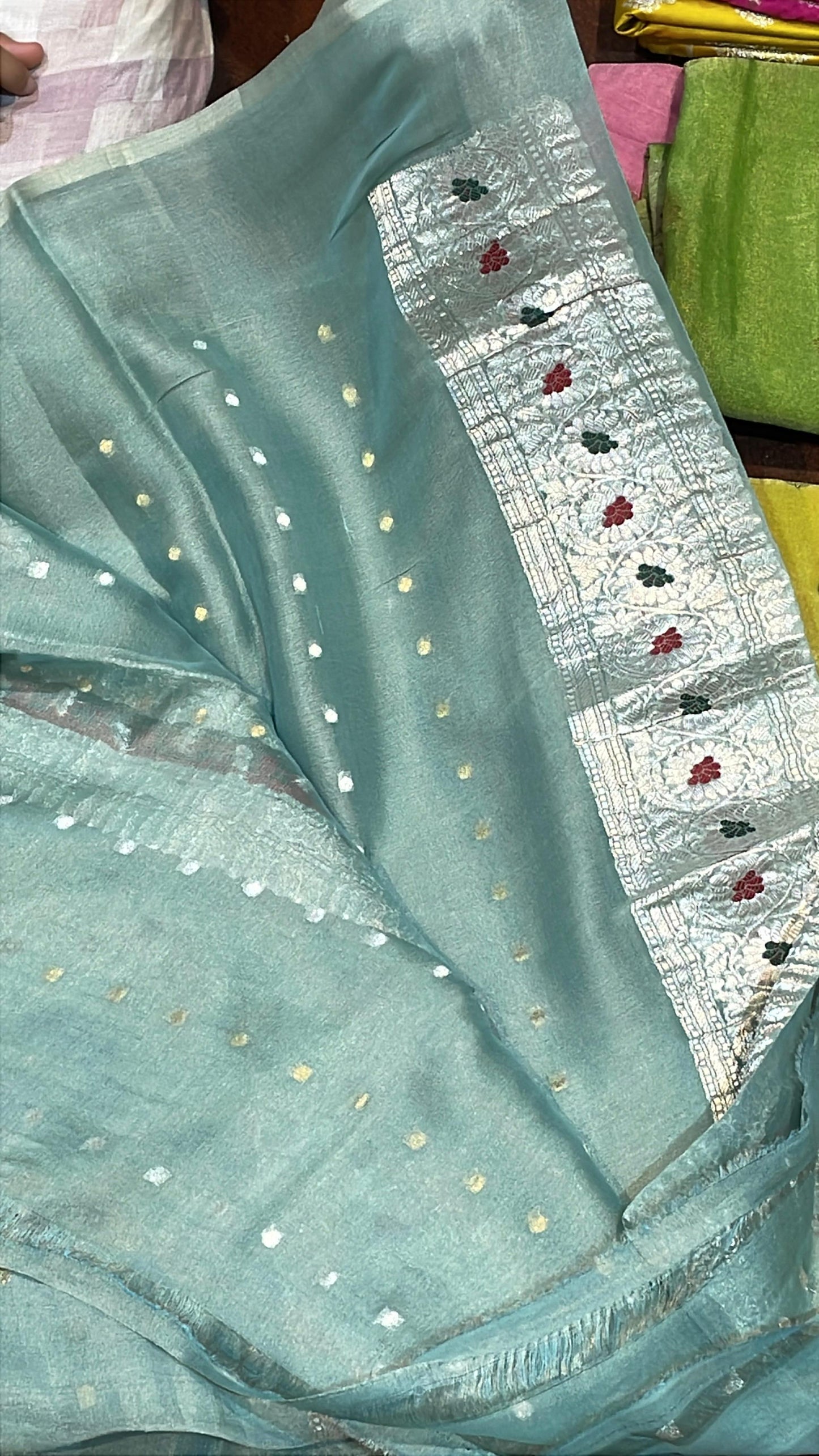 100% Authentic Pure Banarasi Khaddi Chiffon Tissue Saree Powder Blue Colour