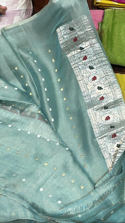 100% Authentic Pure Banarasi Khaddi Chiffon Tissue Saree Powder Blue Colour
