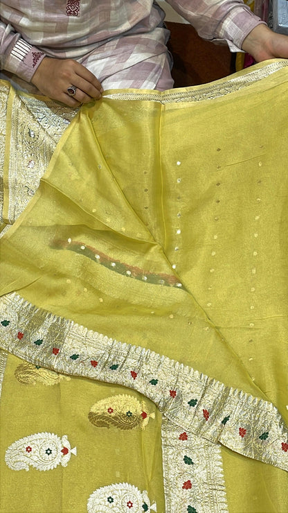 100% Authentic & Luxurious Pure Banarasi Khaddi Chiffon Tissue Saree Shimmering Yellow Colour