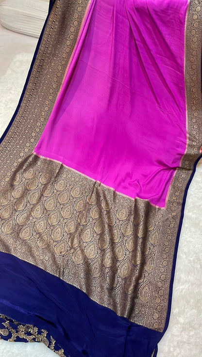Pure Banarasi Khaddi Crape Silk Handloom Saree with Traditional Corners Rani with Navy Color