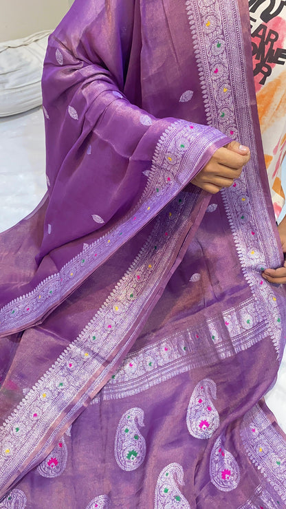 100% Authentic & Luxurious Pure Banarasi Khaddi Chiffon Tissue Saree Lavender Shade