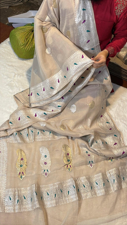 100% Authentic & Luxurious Pure Banarasi Khaddi Chiffon Tissue Saree Natural/Tussar Colour (Rose Buta)