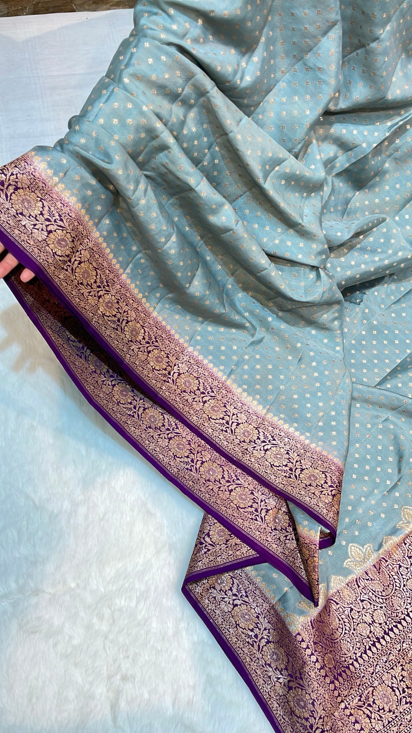Pure Banarasi Khaddi Crape Silk Handloom Saree with Traditional Corners Ash Grey With Voilet Purple Color