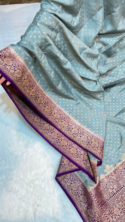 Pure Banarasi Khaddi Crape Silk Handloom Saree with Traditional Corners Ash Grey With Voilet Purple Color