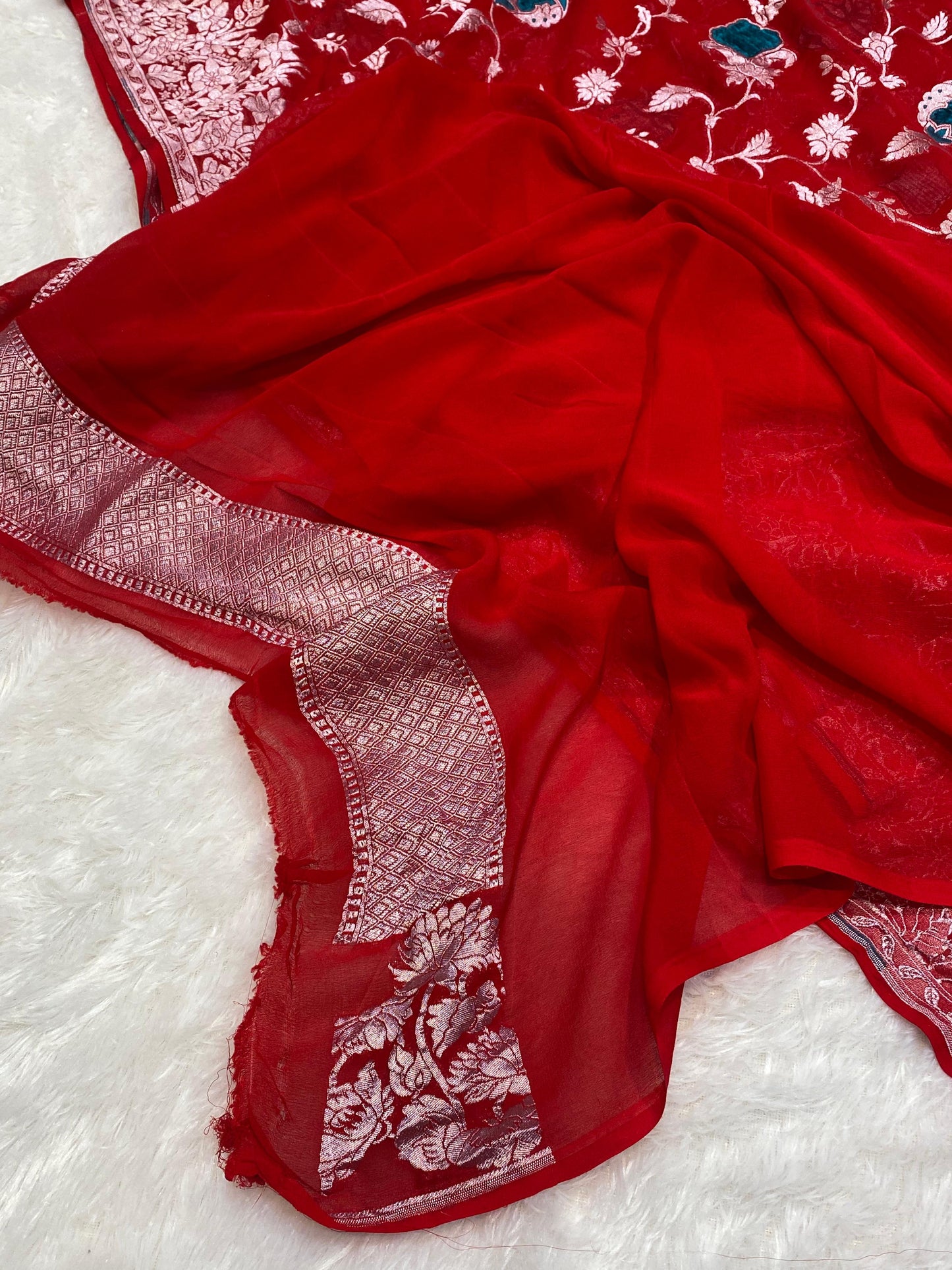 Exclusive & Pure Khaddi Georgette With Velvet Weaving Saree Imperial Red Color [*Color Customisable]
