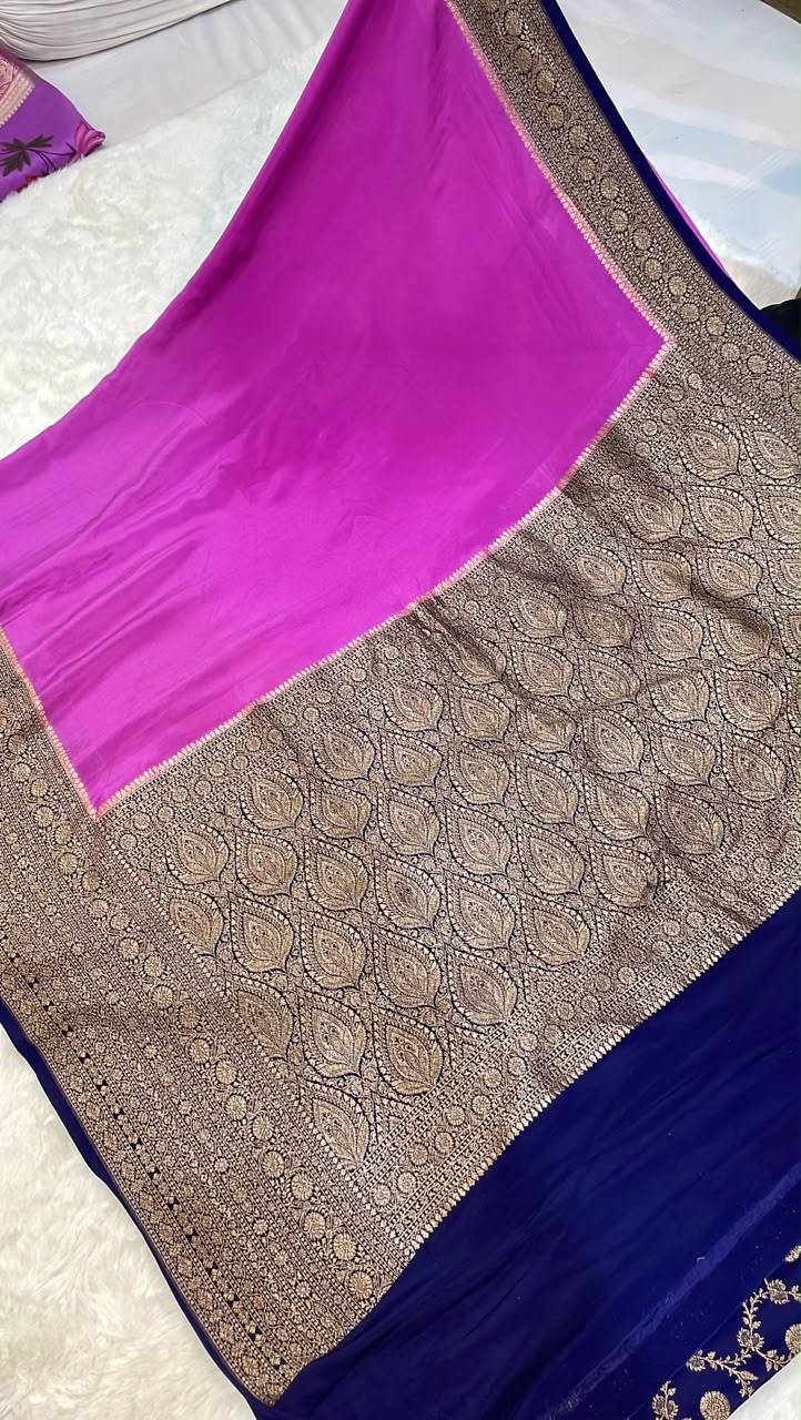 Pure Banarasi Khaddi Crape Silk Handloom Saree with Traditional Corners Rani with Navy Color