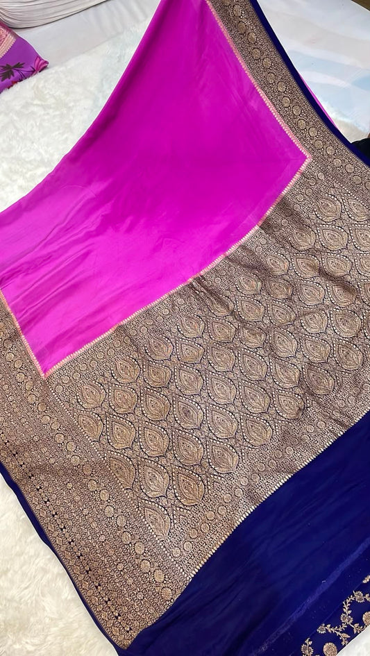 Pure Banarasi Khaddi Crape Silk Handloom Saree with Traditional Corners Rani with Navy Color