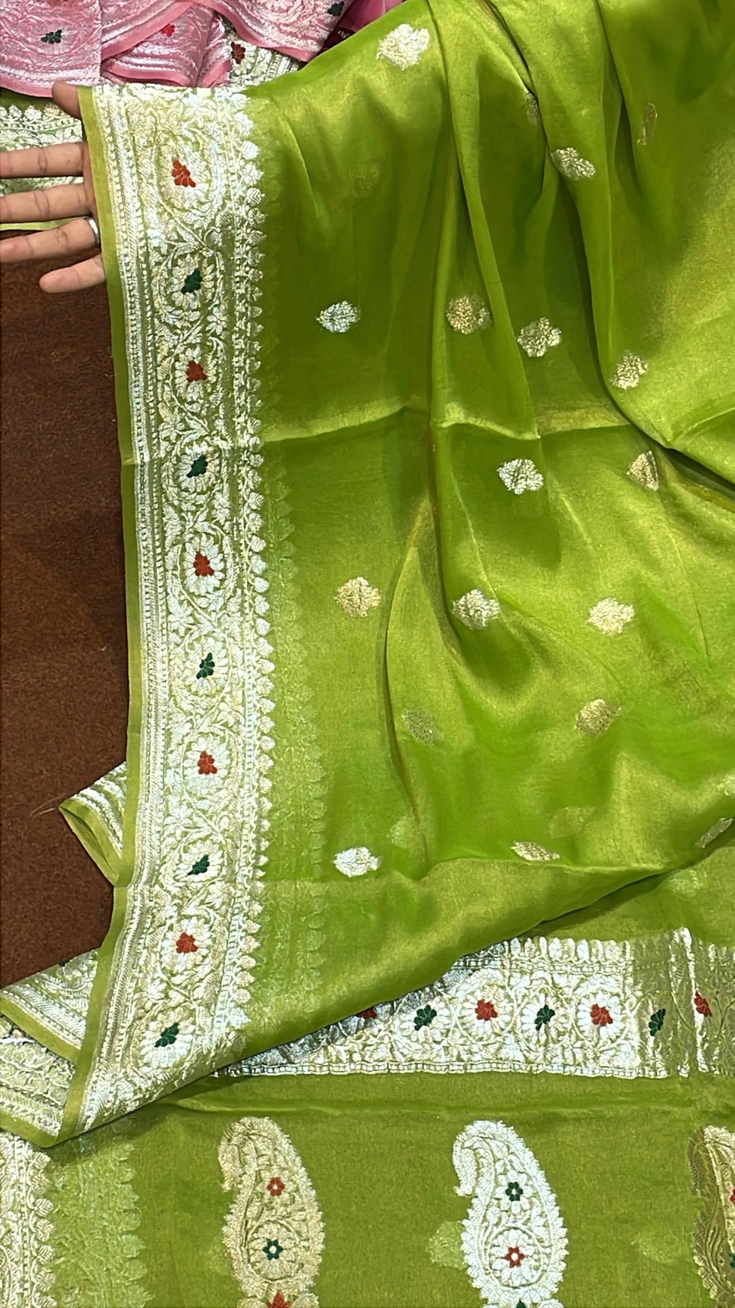 100% Authentic & Luxurious Pure Banarasi Khaddi Chiffon Tissue Saree Spring Pista Green Colour