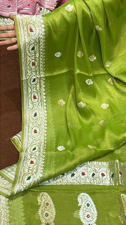 100% Authentic & Luxurious Pure Banarasi Khaddi Chiffon Tissue Saree Spring Pista Green Colour