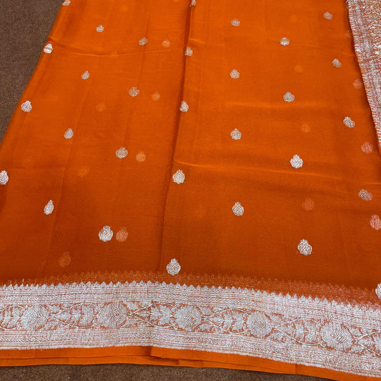 100% Pure Banarasi Khaddi Chiffon Silver Zari Kadwa Buti Handloom Saree Orangish Rust Colour
