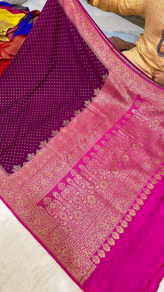 Pure Banarasi Khaddi Crape Silk Handloom Saree with Traditional Corners Purple With Rani Color
