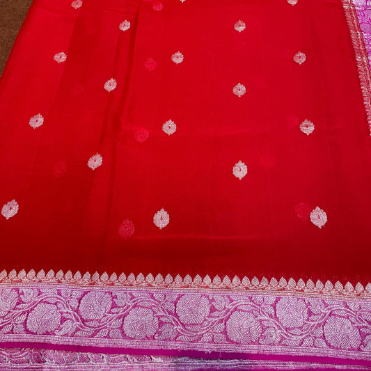 100% Pure Banarasi Khaddi Chiffon Silver Zari Kadwa Buti Handloom Saree Red and Rani Pink Colour