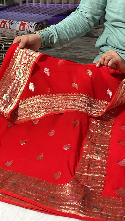 100% Authentic & Luxurious Pure Banarasi Khaddi Chiffon Georgette Saree Scarlet Red Color