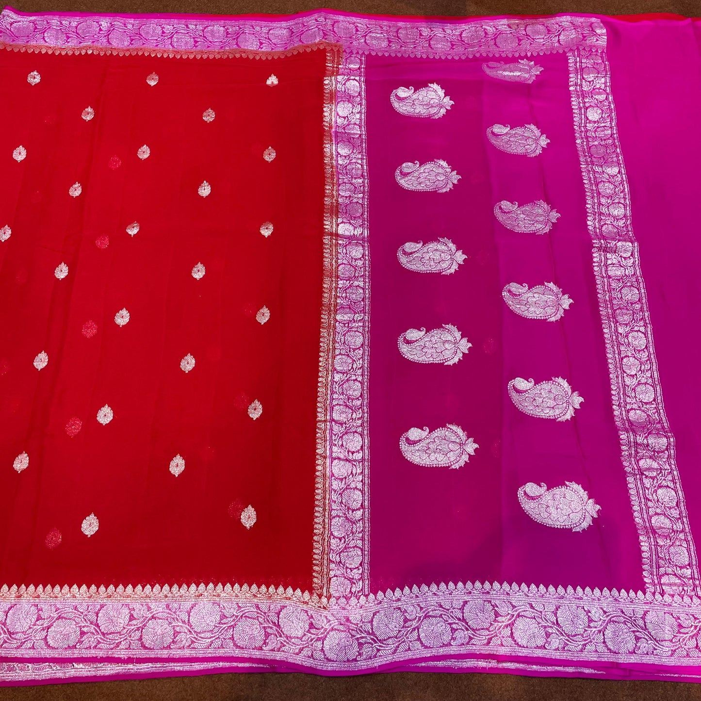 100% Pure Banarasi Khaddi Chiffon Silver Zari Kadwa Buti Handloom Saree Red and Rani Pink Colour