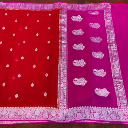 100% Pure Banarasi Khaddi Chiffon Silver Zari Kadwa Buti Handloom Saree Red and Rani Pink Colour