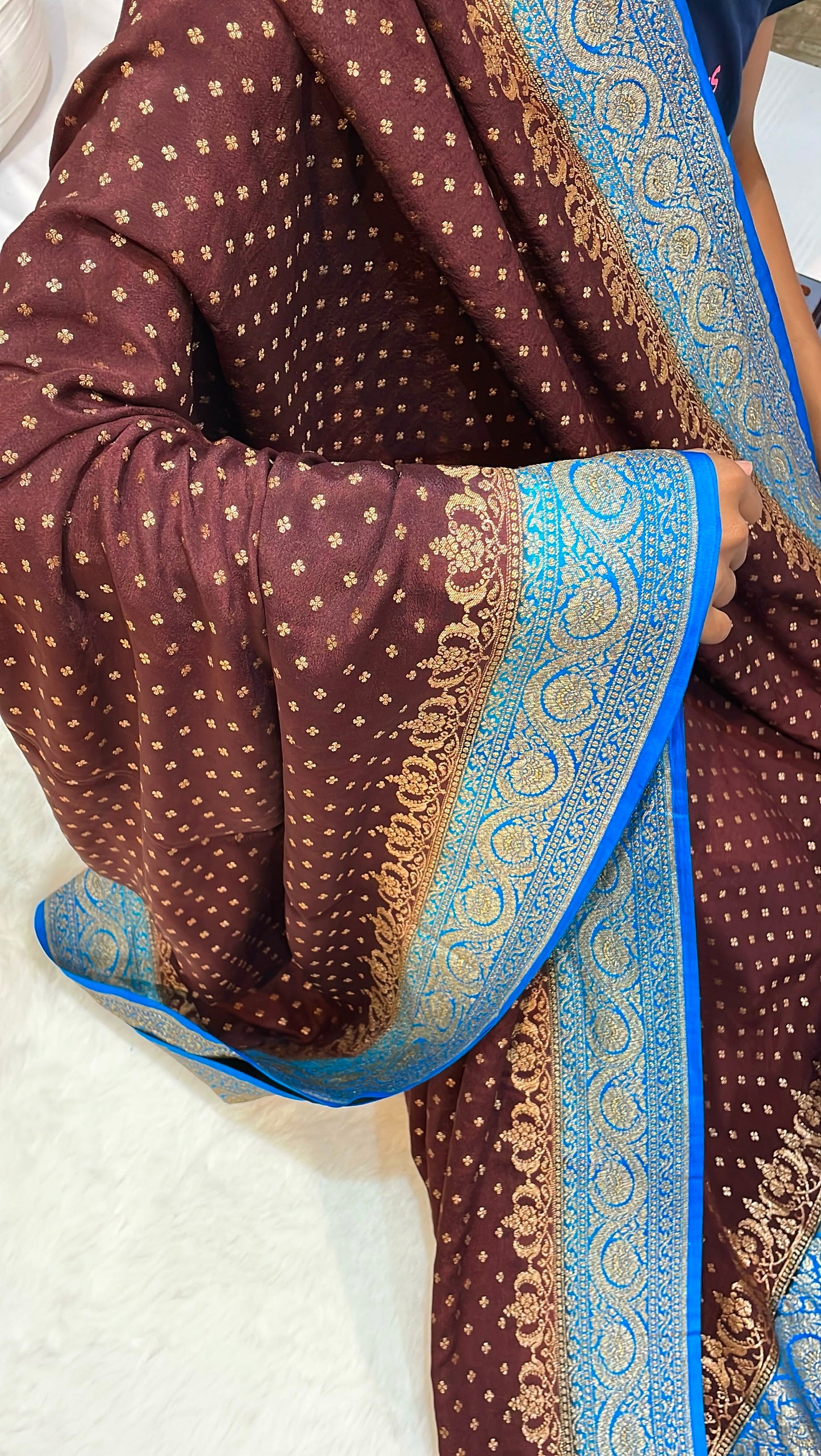 Pure Banarasi Khaddi Crape Silk Handloom Saree with Traditional Corners Coffee Brown With Firozi