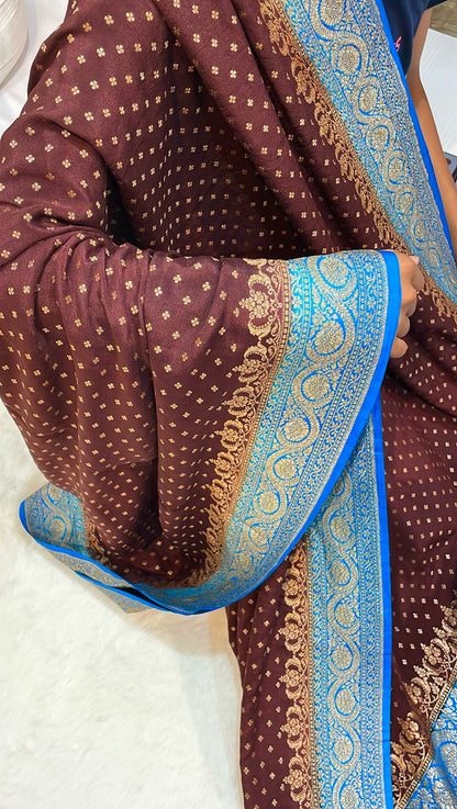 Pure Banarasi Khaddi Crape Silk Handloom Saree with Traditional Corners Coffee Brown With Firozi