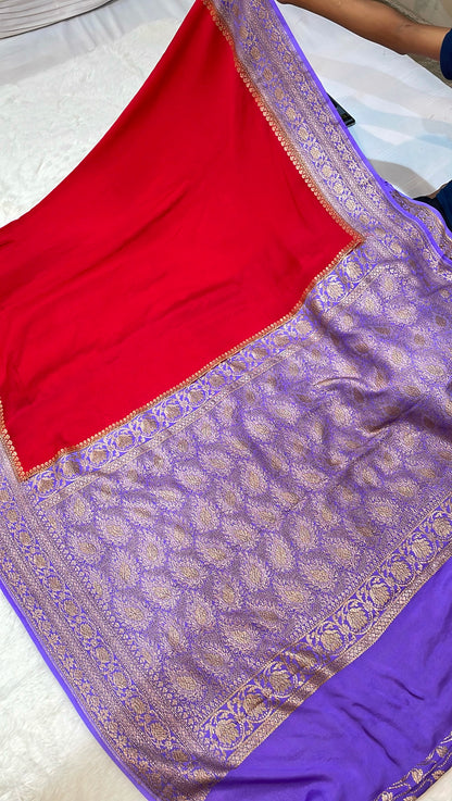 Pure Banarasi Khaddi Crape Silk Handloom Saree with Traditional Corners Red With Lavender