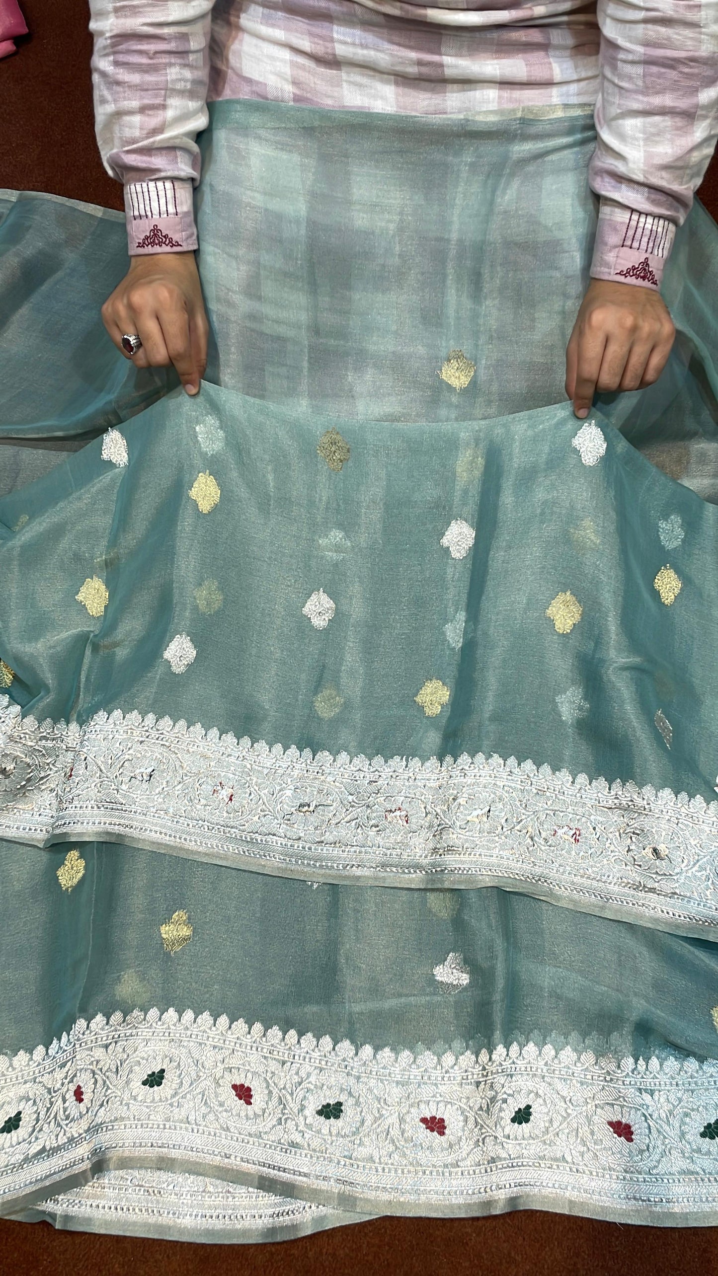 100% Authentic Pure Banarasi Khaddi Chiffon Tissue Saree Powder Blue Colour
