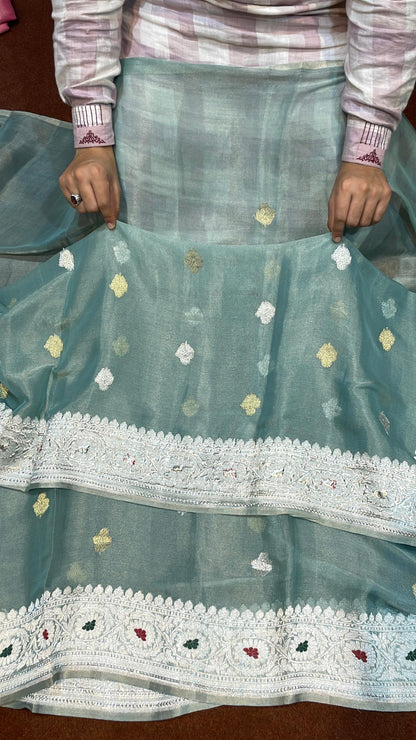 100% Authentic Pure Banarasi Khaddi Chiffon Tissue Saree Powder Blue Colour
