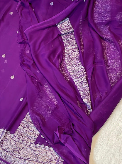 100% Pure Banarasi Khaddi Chiffon Silver Zari Kadwa Buti Handloom Deep Purple Color