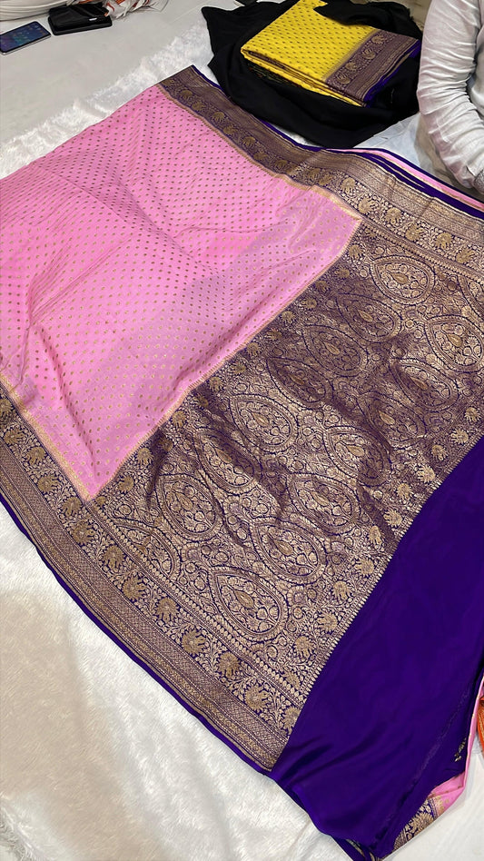 Pure Banarasi Khaddi Crape Silk Handloom Saree with Traditional Corners Baby Pink with Purple color
