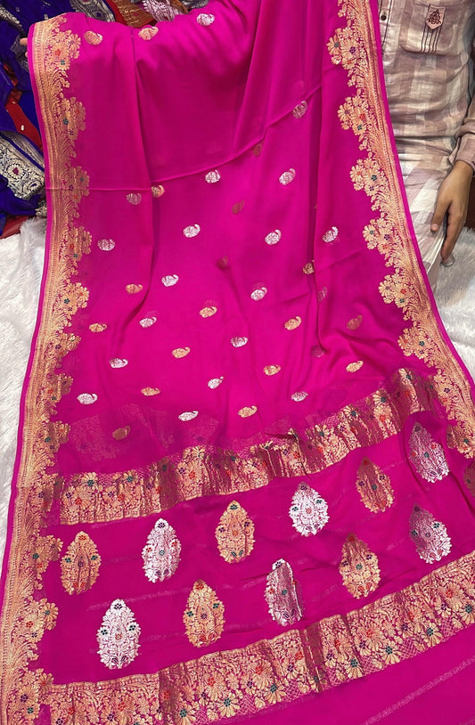 100% Authentic & Luxurious Pure Banarasi Khaddi Chiffon Tissue Saree Bridal Blush Royal Pink Colour