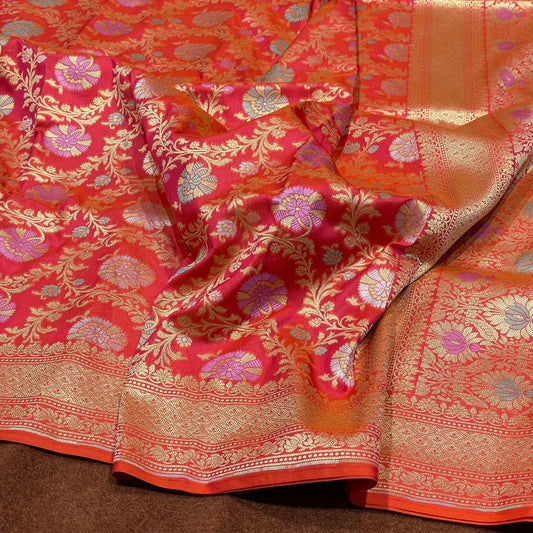 Beautiful Short Orange Katan Silk Saree Sona Rupa Zari Meena Jangla Weave