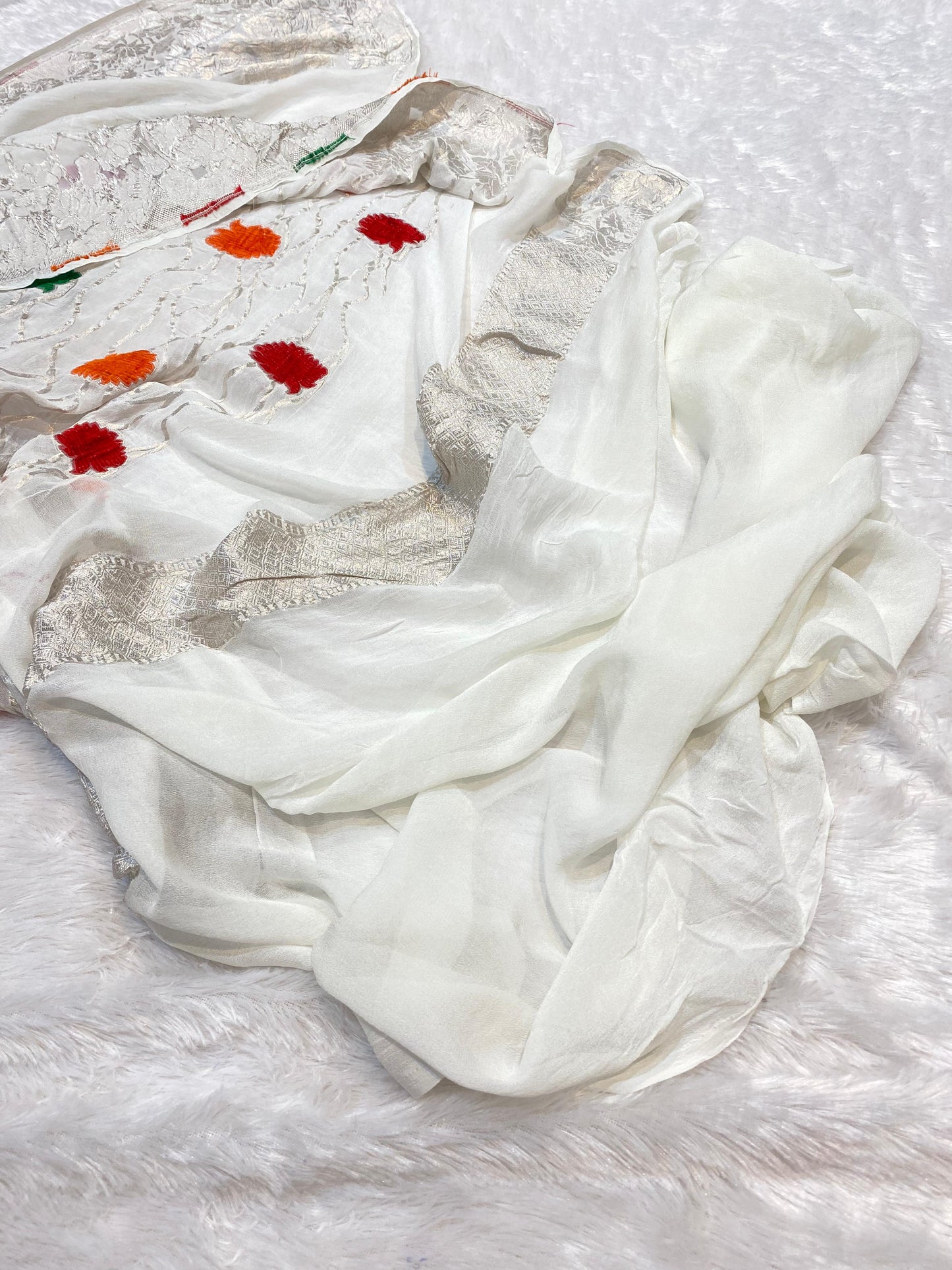 Pure Khaddi Georgette Tissue Saree With Velvet Weaving Natural White Colour [*Color Customisable]