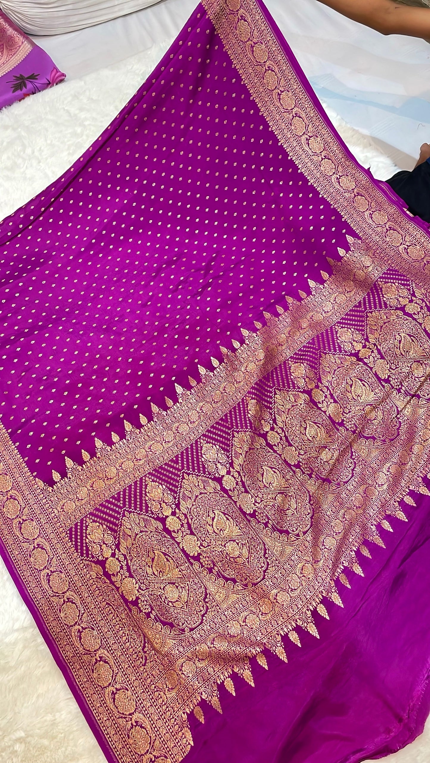 Pure Banarasi Khaddi Crape Silk Handloom Saree with Traditional Corners Rani Color