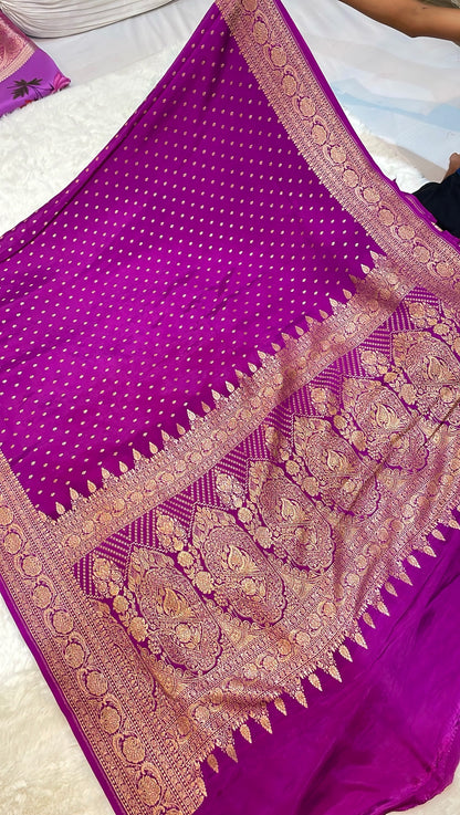 Pure Banarasi Khaddi Crape Silk Handloom Saree with Traditional Corners Rani Color