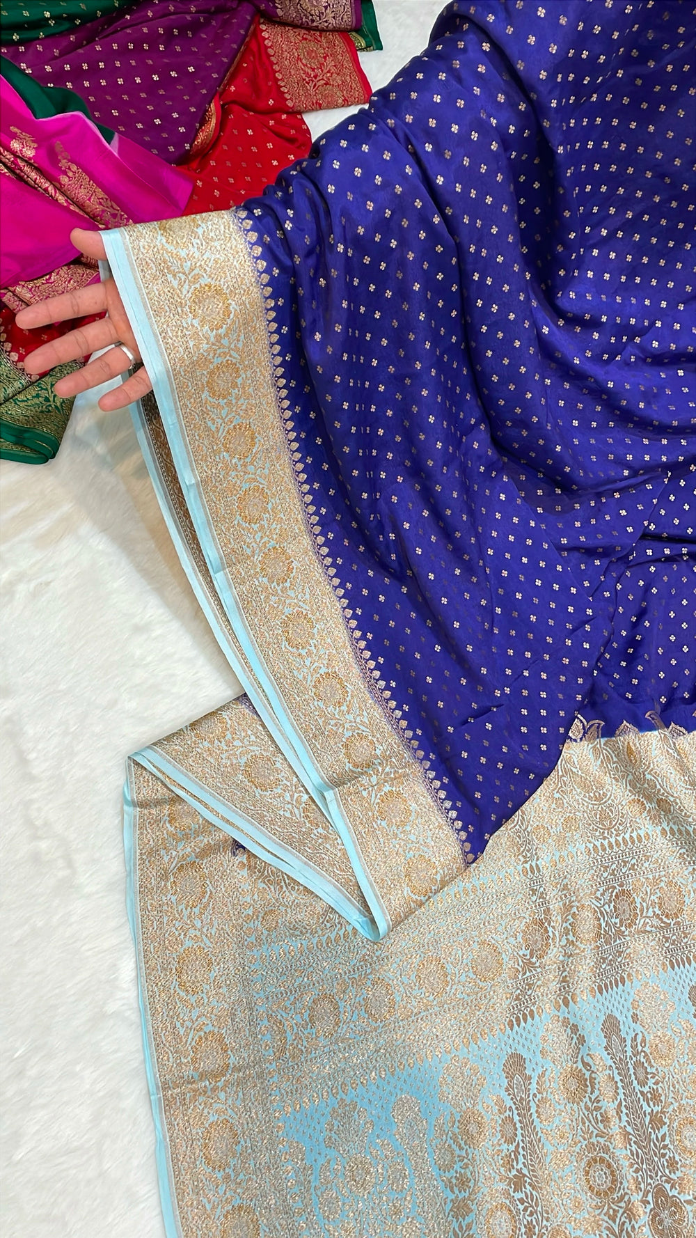 Pure Banarasi Khaddi Crape Silk Handloom Saree with Traditional Corners Navy Blue With Sky Color