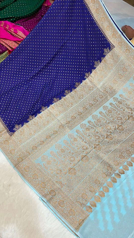 Pure Banarasi Khaddi Crape Silk Handloom Saree with Traditional Corners Navy Blue With Sky Color