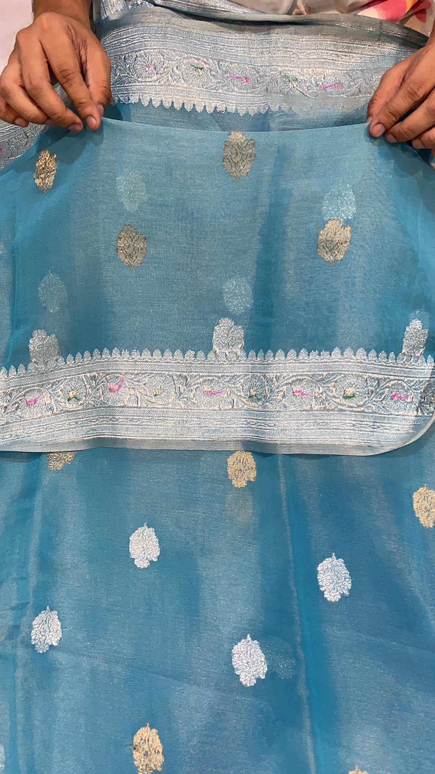100% Authentic & Luxurious Pure Banarasi Khaddi Chiffon Tissue Saree Powder Blue/Firozi Colour