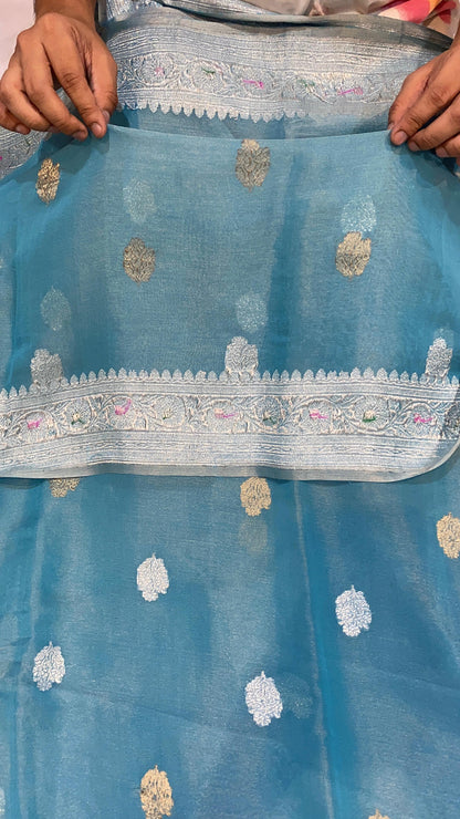 100% Authentic & Luxurious Pure Banarasi Khaddi Chiffon Tissue Saree Powder Blue/Firozi Colour