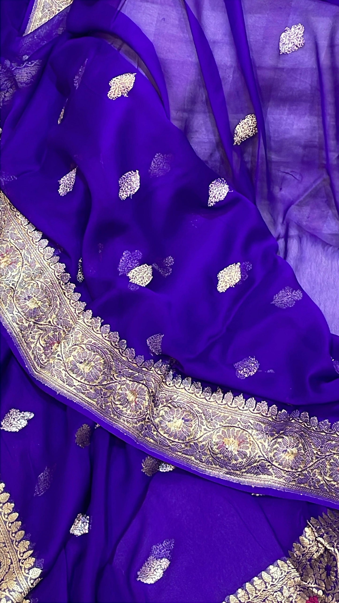 100% Authentic & Luxurious Pure Banarasi Khaddi Chiffon Georgette Saree Royal Violet Blue Colour