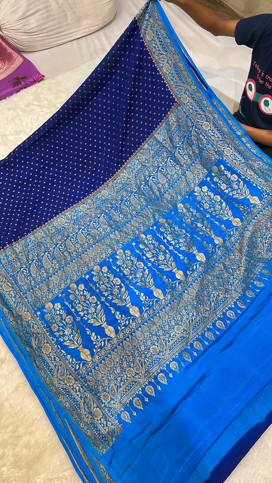Pure Banarasi Khaddi Crape Silk Handloom Saree with Traditional Corners Navy With Firozi Color